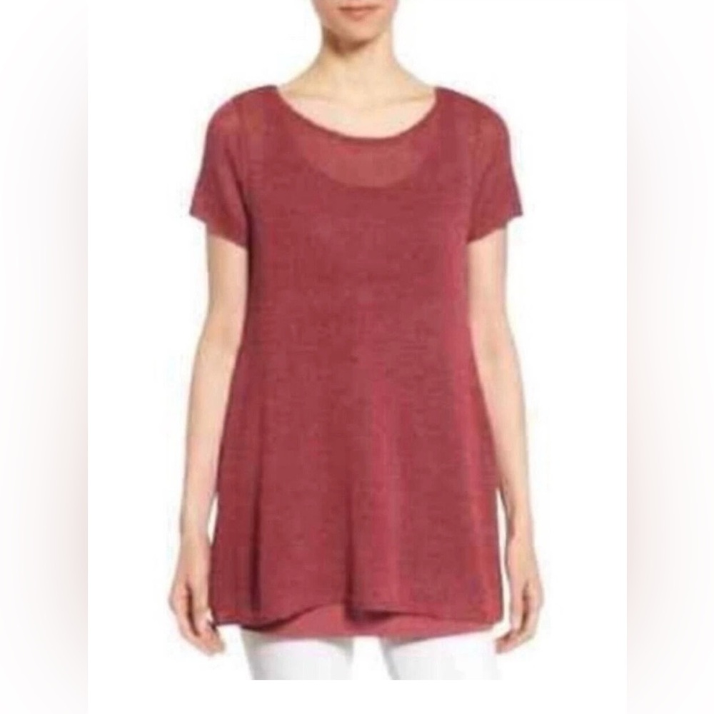 Eileen Fisher Linen Blend Stretch Scoop Neck Short Sleeve Tunic Sweater Size S